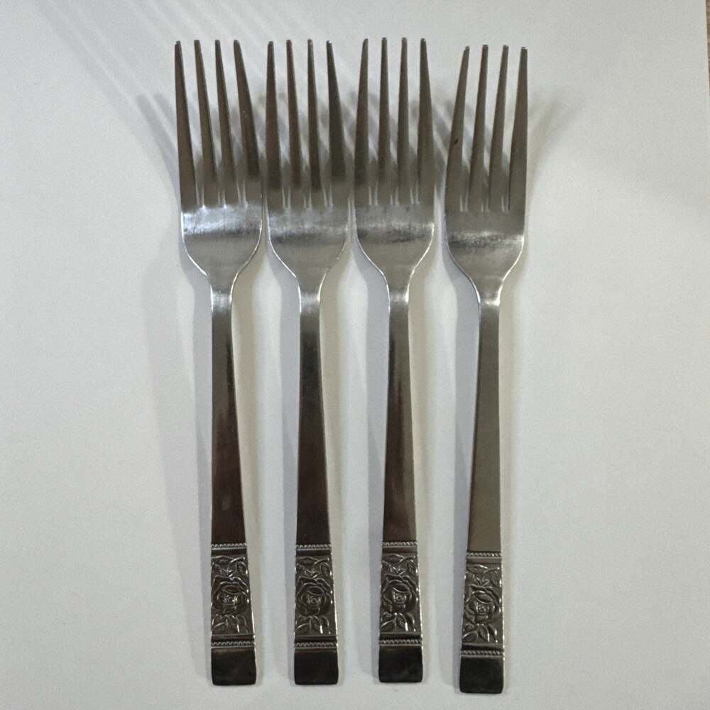 4 Vintage National Stainless Laureen Black Rose Flatware Dinner Forks